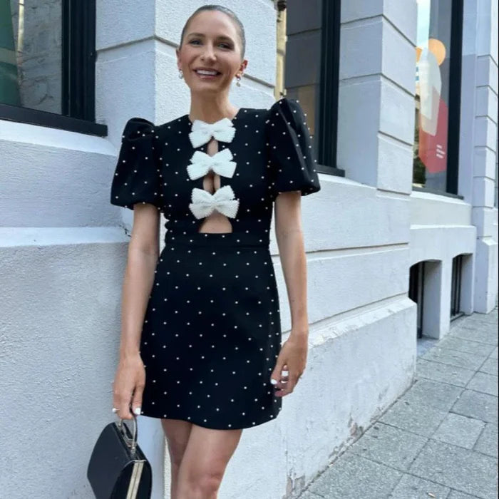 Embellished Short Pearl Bow knot Mini Dress